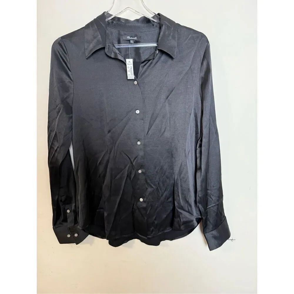 Madewell Darted Button-Up Shirt in Satin NN947 Size 8 NWT Black